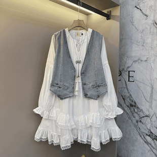 2026早春新款 裙胖妹妹韩版 两件套 口衬衫 加肥女V领牛仔马甲微喇袖