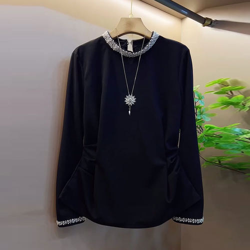 立领亮钻边长袖上衣小衫