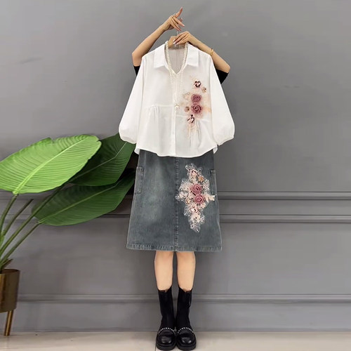 立体花朵牛仔半身裙长袖衬衫