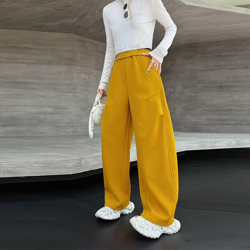 松紧腰侧压褶阔腿裤子