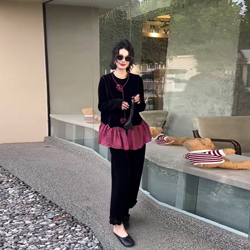 拼色底摆马甲长袖小衫裤子