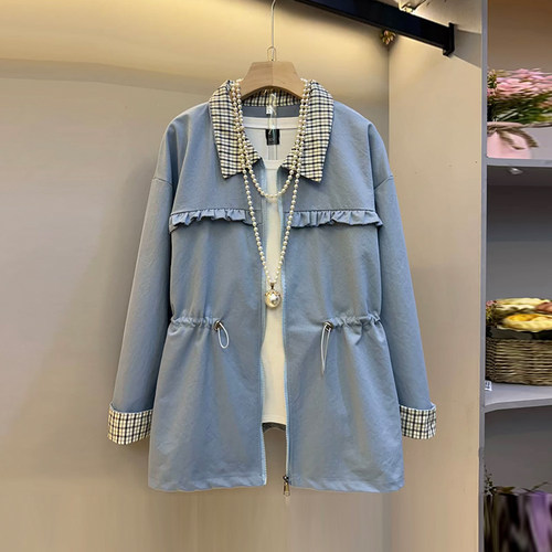 大码女装格子翻领长袖上衣