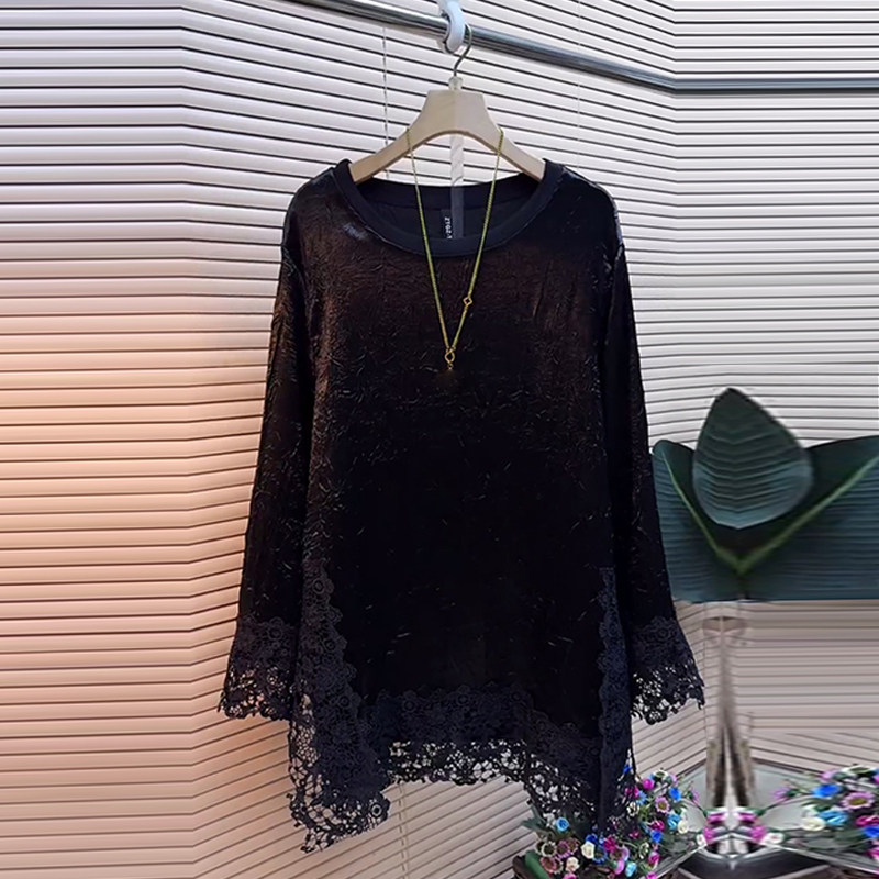 加肥女圆领蕾丝底摆暗花上衣宽松遮肚子胖妹妹黑色显瘦秋冬款大衫,女装/女士精品,大码内搭,淘宝优惠券,粉丝福利购,淘宝优惠卷