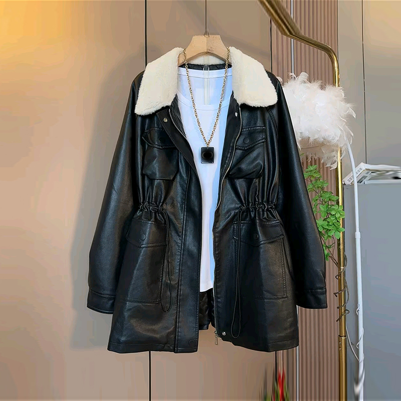 加肥毛毛翻领收腰中长款皮外套