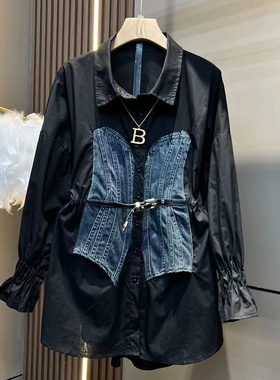 加大码女装翻领拼接牛仔衬衫胖妹妹2024新款黑色显瘦长袖百搭上衣