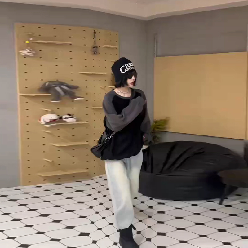 大码女装拼色长袖圆领卫衣