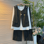 女装 胖妹妹圆领肩扣马甲长袖 子大码 阔腿裤 通勤风简约三件套 打底衫