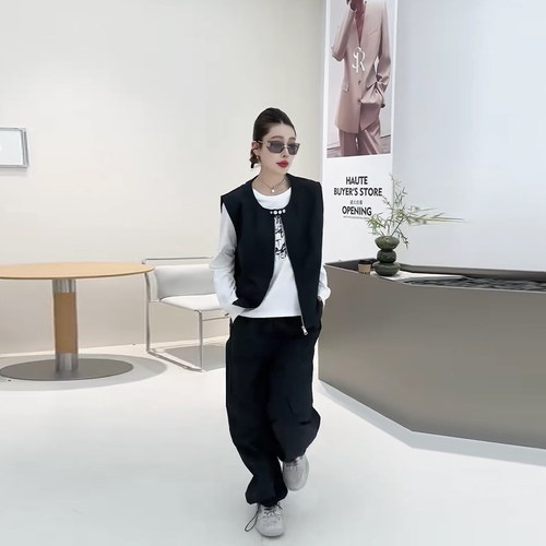 圆领开衫马甲长袖打底衫阔腿长裤