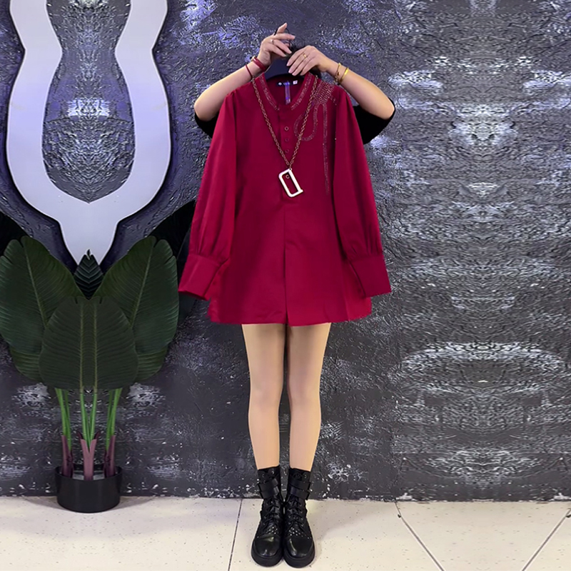 大码女装亮钻肩立领长袖衬衫