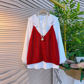 胖MM吊带V领针织马甲加大码 衬衫 女装 可爱减龄宽松休闲娃娃领长袖