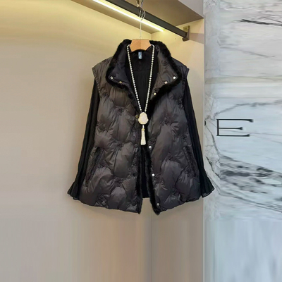 大码女装立领毛边棉服马甲