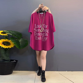 女装 烫钻字母T恤衫 胖妹妹韩版 加肥大码 宽松休闲百搭简约短袖 上衣