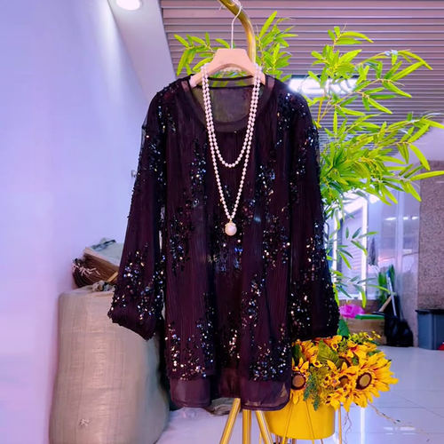 大码女装圆领长袖亮片上衣小衫