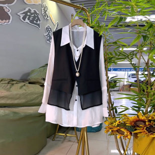 女装 胖妹妹V领马甲翻领长袖 大码 2026新款 简约通勤显瘦两件套 衬衫