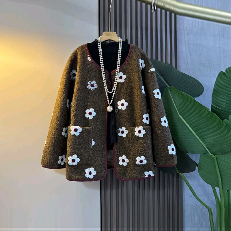 大码女装圆领长袖羊羔毛外套