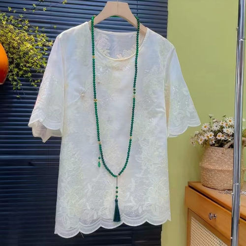 大码女装盘扣暗花短袖上衣