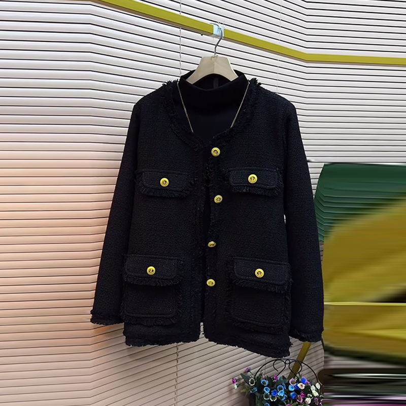 圆领毛边加棉长袖小香风外套上衣