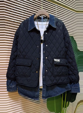 拼接牛仔领假两件棉服外套上衣