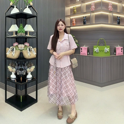 翻领收腰系带上衣松紧腰半身裙