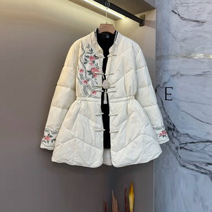 小众设计复古风百搭上衣 立领盘扣刺绣花收腰棉服胖MM法式 大码 女装