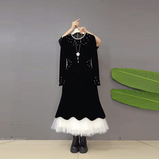 大码女装拼色网纱裙摆收腰长袖连衣裙法式气质赫本风长款洋气裙子