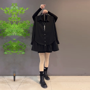 上衣 宽松遮肚子胖妹妹纯色简约百搭韩版 加肥女翻领拼底摆长袖 衬衫
