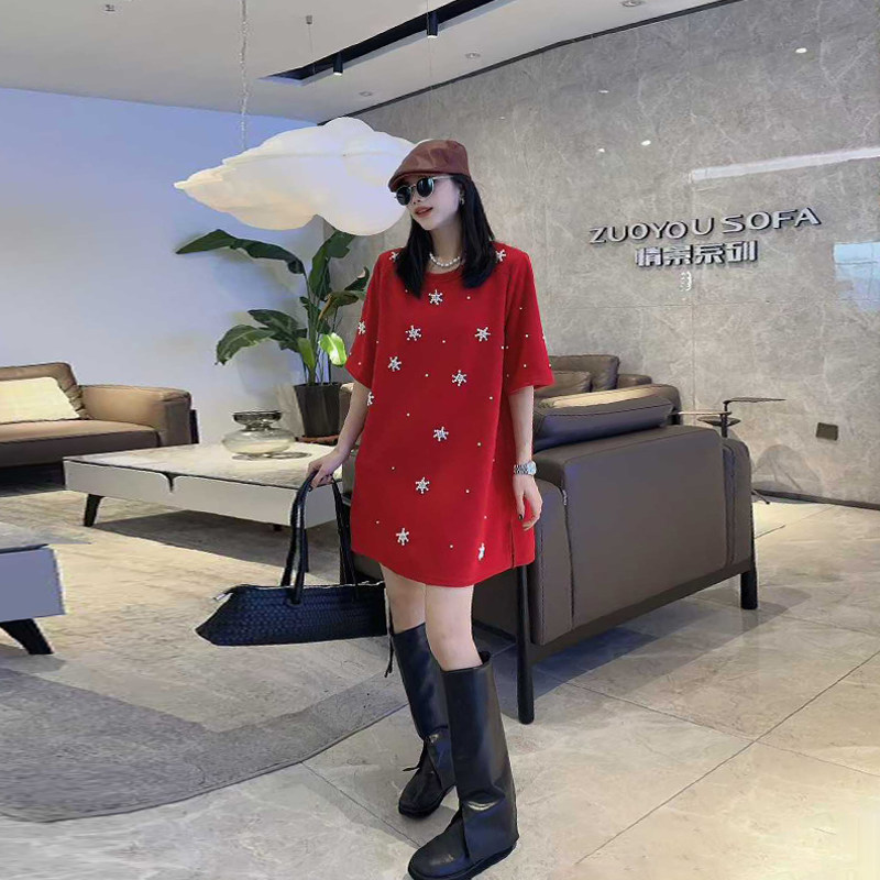 胖MM加肥圆领短袖钉珠花上衣宽松遮肚子大码女装百搭设计感T恤衫,女装/女士精品,大码内搭,淘宝优惠券,粉丝福利购,淘宝优惠卷