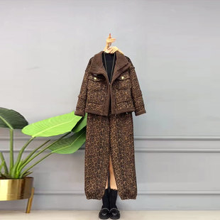 加肥毛毛翻领长袖 胖MM欧洲站豹纹两件套 豹纹棉外套松紧腰束脚长裤