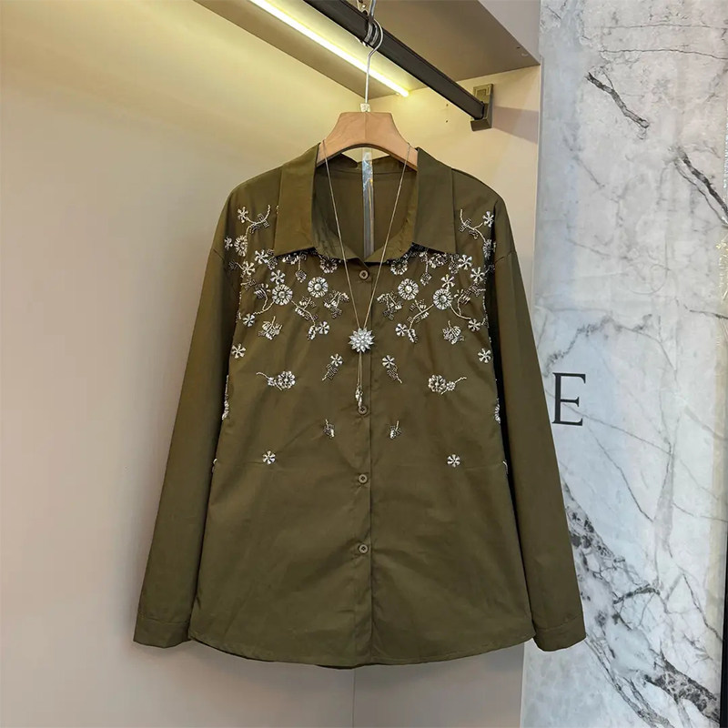 加大码女装翻领刺绣花长袖上衣胖妹妹韩版2026春秋款百搭休闲衬衫