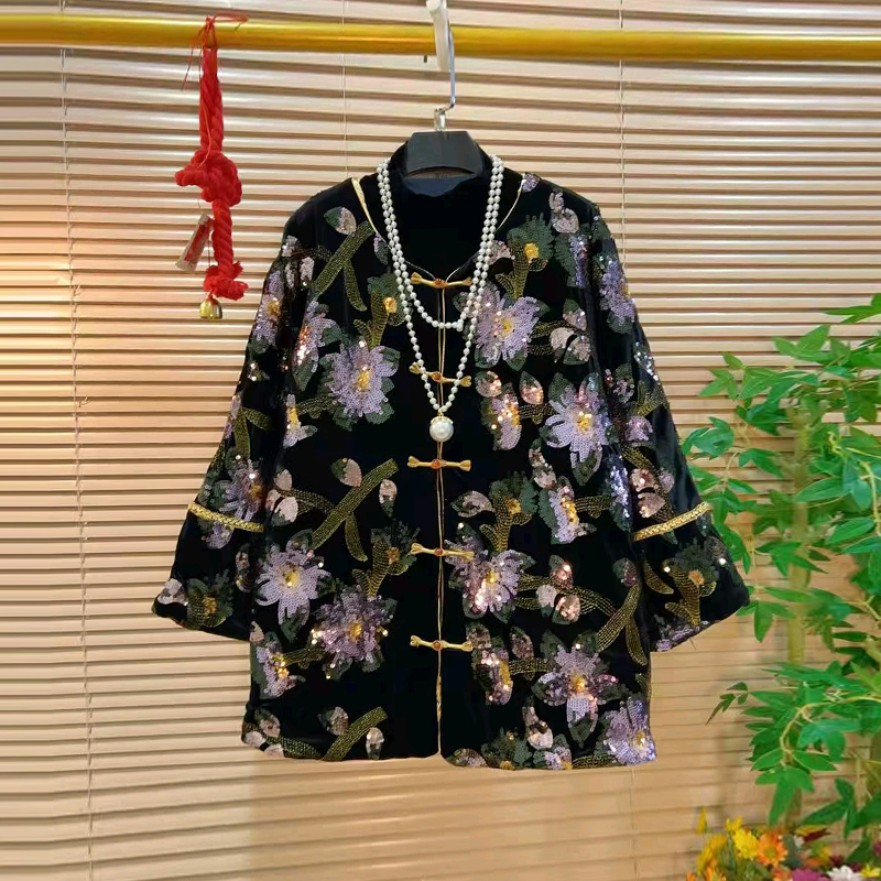 大码女装盘扣花朵国风外套
