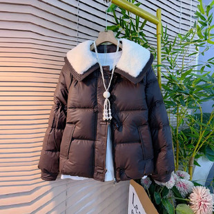 加肥毛毛大翻领长袖棉服外套韩版大码女装学院风减龄冬季保暖上衣
