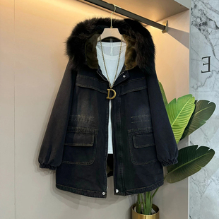 胖妹妹连帽毛里拉链中长款牛仔派克服大码女装欧货洋气冬季款外套