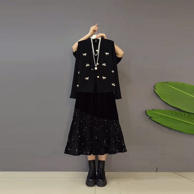 加肥大码女装流苏扣马甲长袖打底衫半身裙复古风胖妹妹洋气三件套,女装/女士精品,大码套装,淘宝优惠券,粉丝福利购,淘宝优惠卷