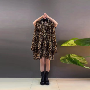 宽松遮肚子胖妹妹欧洲站时尚 加大码 豹纹大衫 圆领长袖 百搭上衣 女装