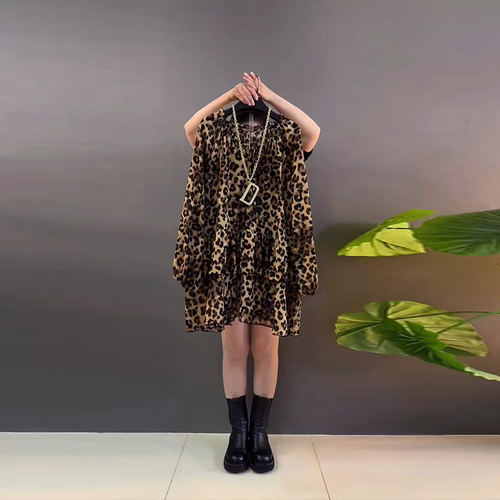 大码女装圆领长袖豹纹大衫