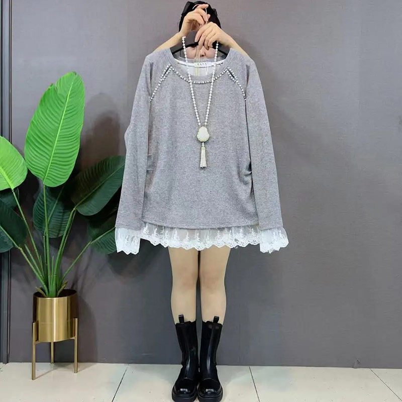 胖妹妹拼蕾丝底摆长袖上衣宽松遮肚子大码女装百搭减龄学院风卫衣,女装/女士精品,大码内搭,淘宝优惠券,粉丝福利购,淘宝优惠卷