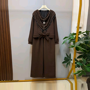 大码女装加肥显瘦经典流苏荡领蝴蝶结底摆长袖上衣两件套阔腿长裤