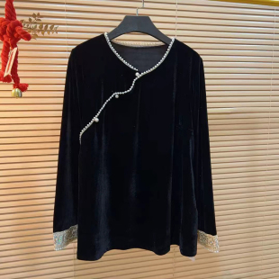 胖妹妹韩版 丝绒小衫 小众设计秋冬百搭上衣 口钉珠领长袖 加肥拼色袖