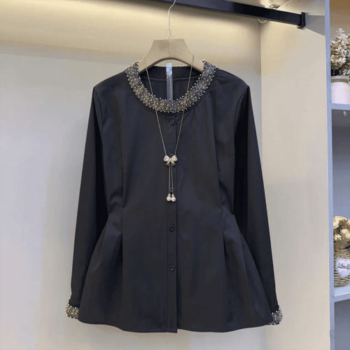 大码女装亮钻领长袖收腰衬衫