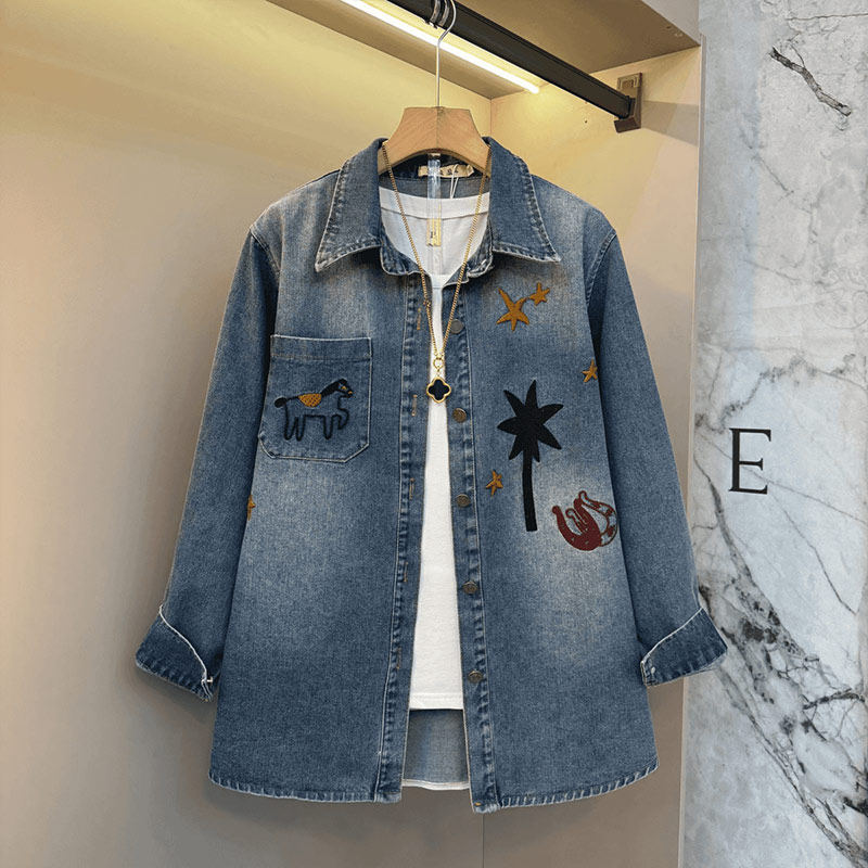 加肥翻领拼色图案长袖牛仔上衣欧洲站胖MM设计感2026早春新款外套,女装/女士精品,大码内搭,淘宝优惠券,粉丝福利购,淘宝优惠卷