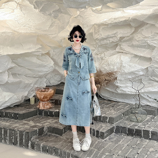 加大码女装蝴蝶结V领短袖上衣牛仔半身裙胖妹妹欧洲站夏季两件套