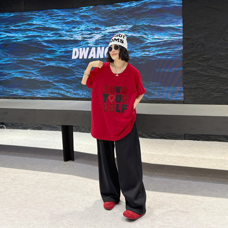 大码女装拼色字母短袖T恤衫