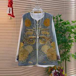 口小衫 设计感洋气拼色袖 新中式 加肥女刺绣图案国风马甲胖妹妹韩版