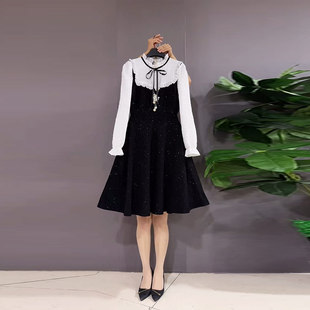 假两件连衣裙胖妹妹气质显瘦名媛风时尚 拼色长袖 减龄裙子 女装 大码