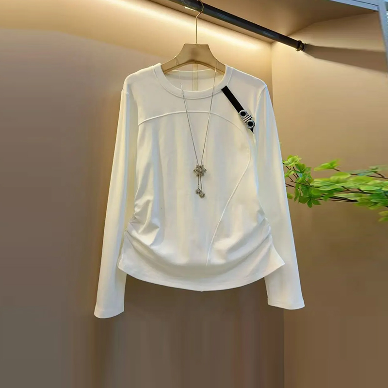 胖妹妹侧压褶长袖圆领T恤衫