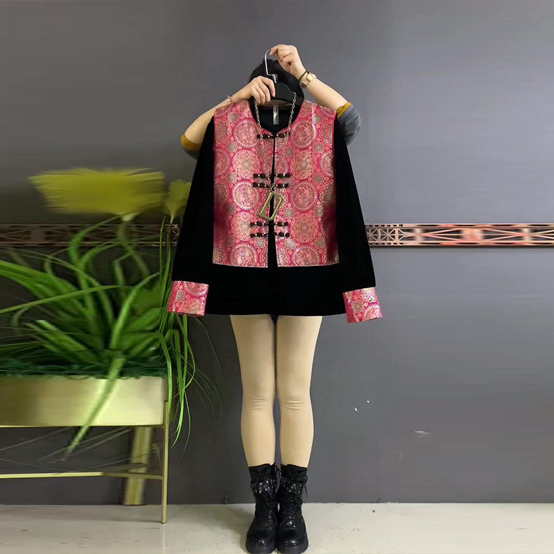 加肥女盘扣花纹国风马甲拼色袖口小衫胖妹妹气质新中式洋气两件套,女装/女士精品,大码套装,淘宝优惠券,粉丝福利购,淘宝优惠卷