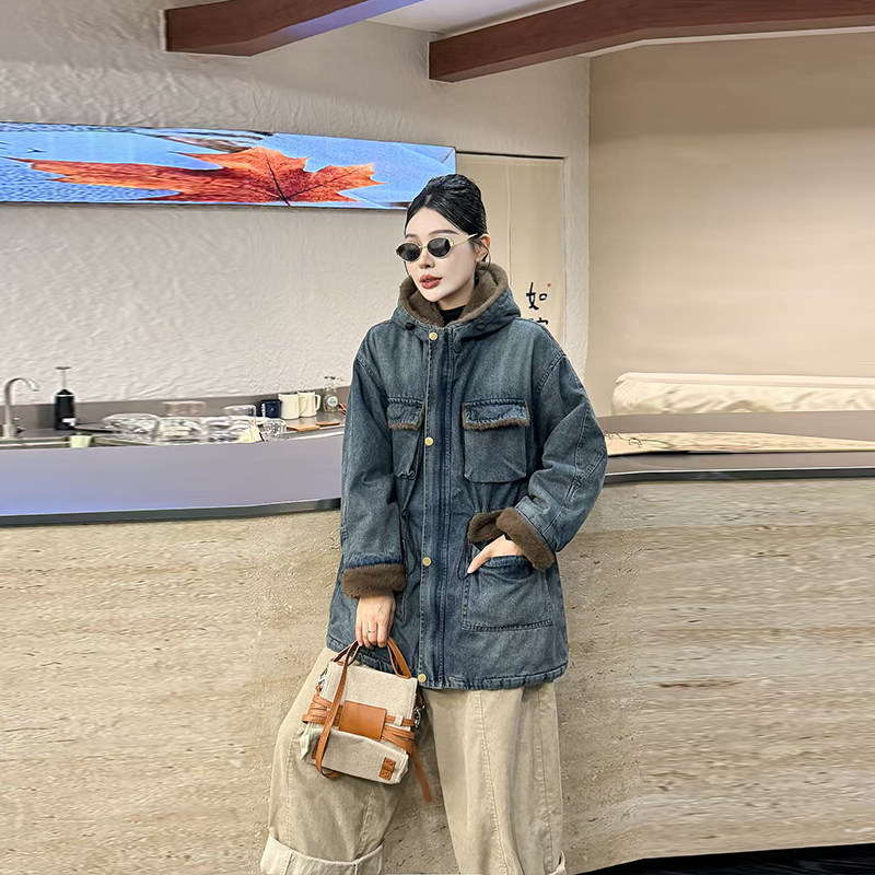 胖MM加肥连帽毛毛内里长袖牛仔棉服欧洲站大码女装冬季款洋气外套