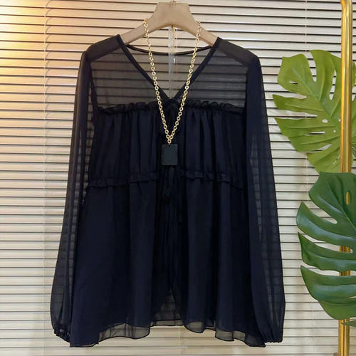 大码女装系带V领长袖小衫