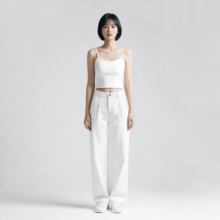 女士大码 子15 黑色白色中厚棉质半松紧腰宽松休闲直筒阔腿长裤