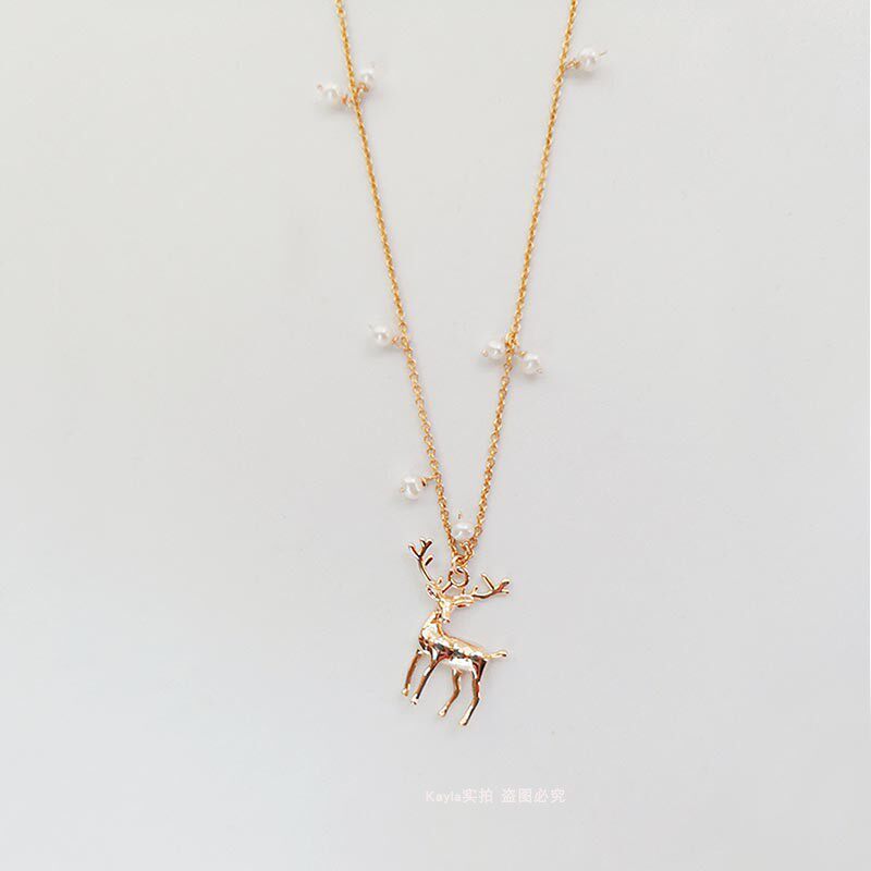 2020秋冬儿童毛衣链天然淡水珍珠14k镀金可爱圣诞麋鹿毛衣链